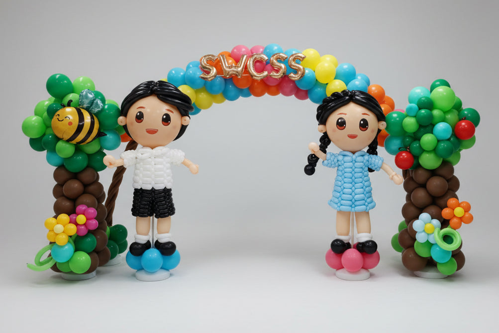 幼稚園/學校畢業禮氣球佈置，彩虹拱門與學生造型氣球公仔 - Christina Lam