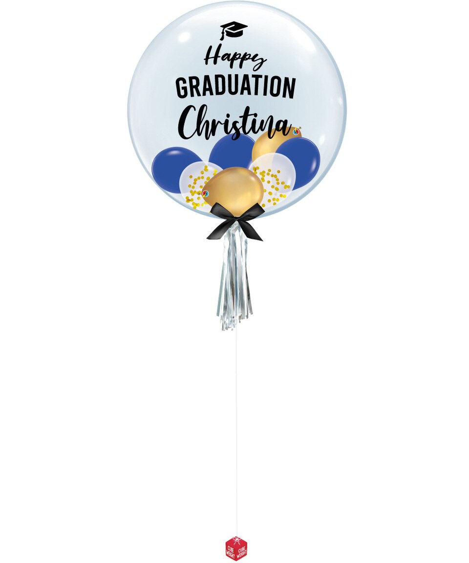 [Graduation] 24-inch Personalized Name Happy Graduation Crystal Clear Balloons - Mini Confetti, Chrome and Latex Balloons