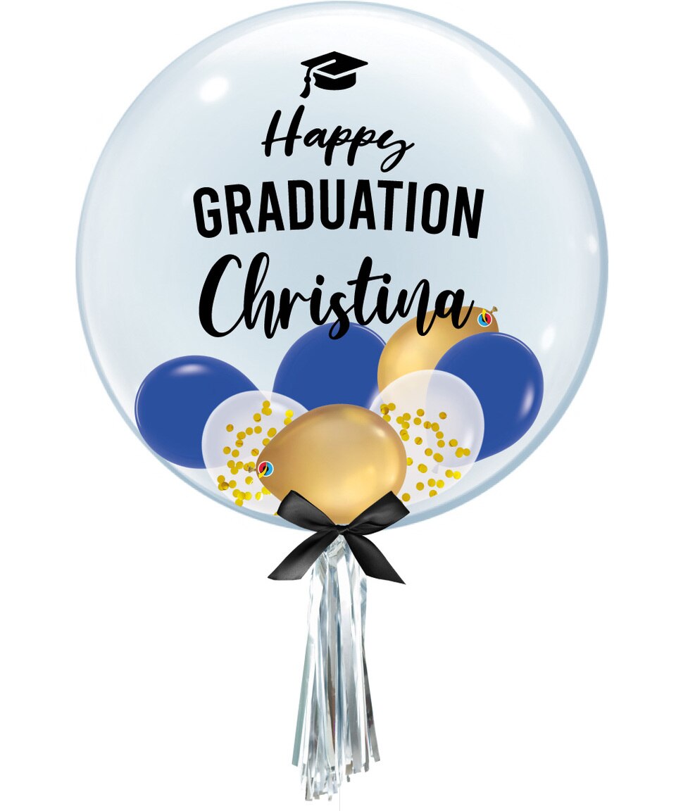 [Graduation] 24-inch Personalized Name Happy Graduation Crystal Clear Balloons - Mini Confetti, Chrome and Latex Balloons