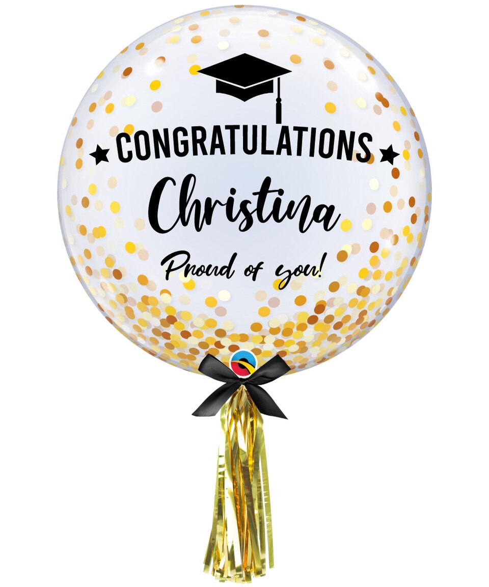 Graduation Balloon 24" (Customizable with name and blessing) - Gold/Silver Confetti Dots