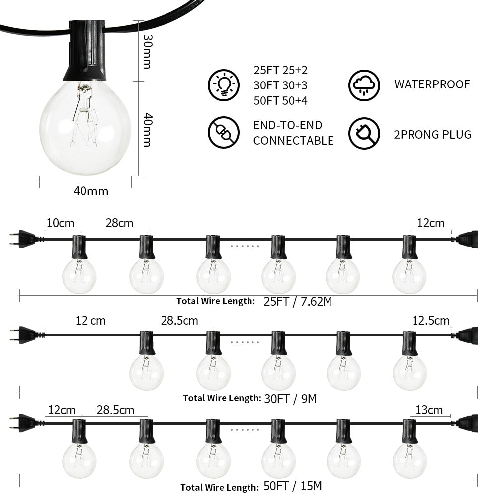 50Ft Patio String Light Outdoor Garland Light G40 Christmas Lights Festoon Fairy For Wedding Holiday Garden Backyard Decoration 