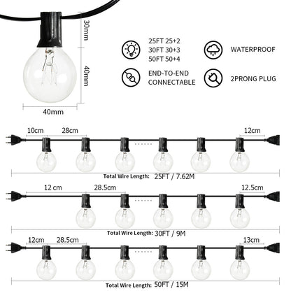 50Ft Patio String Light Outdoor Garland Light G40 Christmas Lights Festoon Fairy For Wedding Holiday Garden Backyard Decoration 